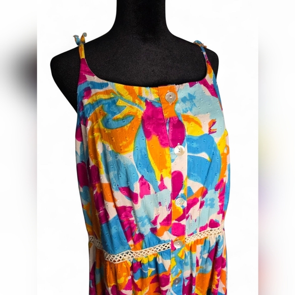 Harlow & Rose Tie Strap Floral Button Front Colorful Sun Dress, Women's Size 1X - Picture 2 of 7